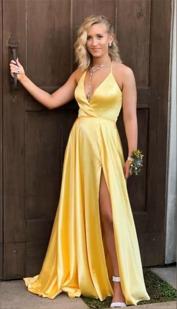 SSR0541,Halter v-neck long yellow prom dresses satin long evening dress