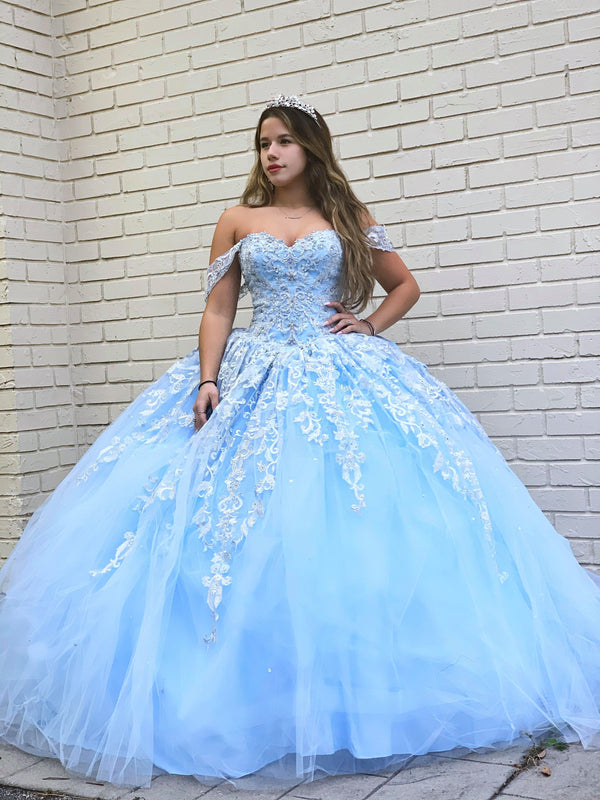 SSR1052,Off the Shoulder Ball Gown Long Prom Dress,Sweet 16 Dress,Sky Blue Evening Dresses