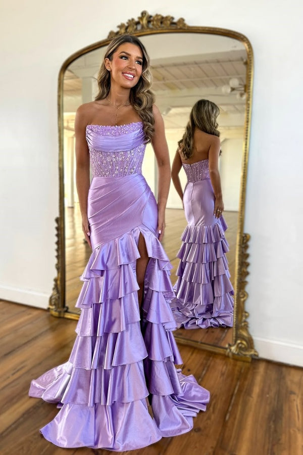 Purple Strapless Sequins Ruffles Split Prom Dress ssr0482