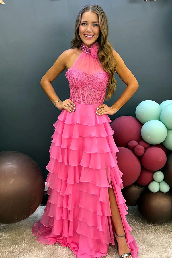 Illusion Applique Chiffon Ruffles Long Prom Dress