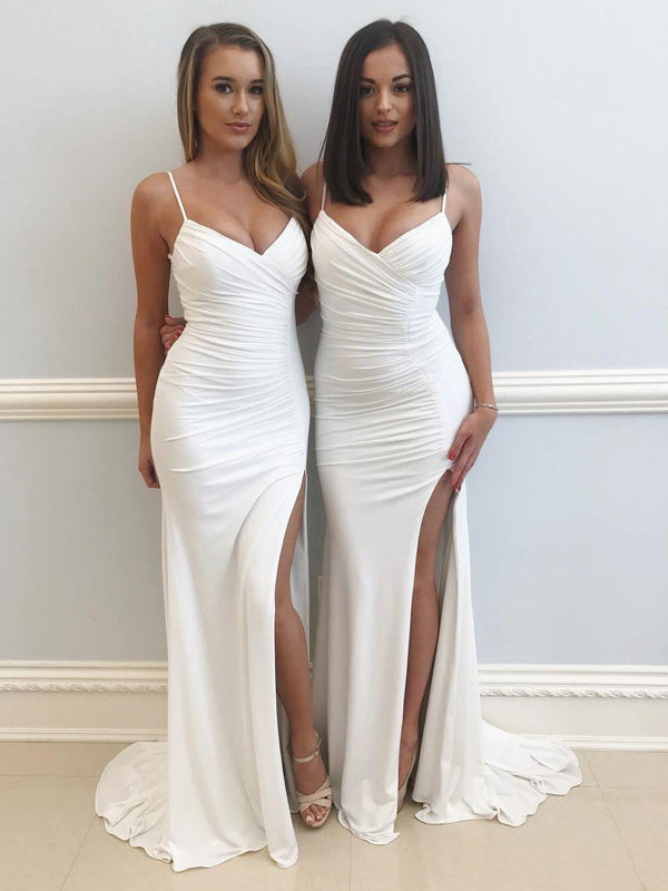 SSR0464,White spaghetti straps long prom dresses pleated evening gown with side slit