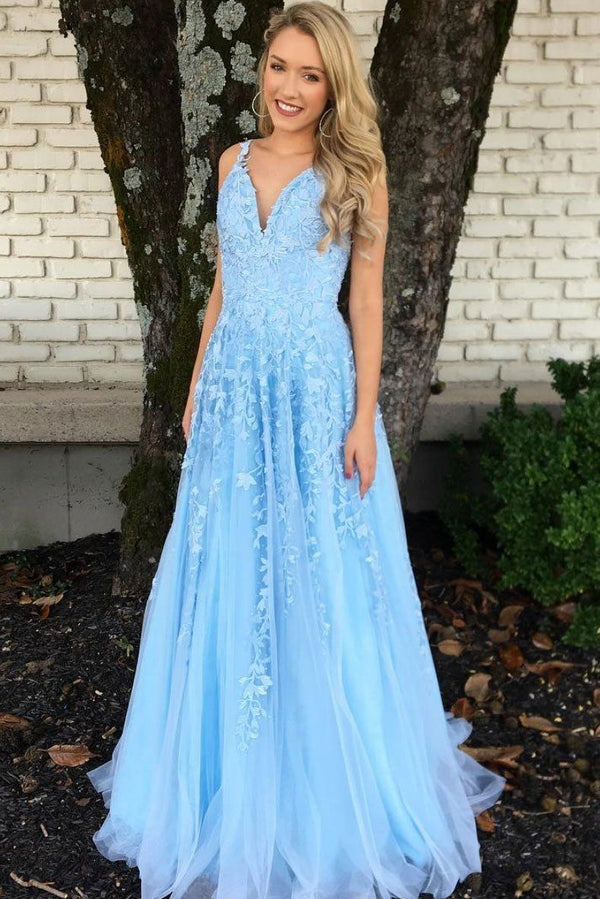 SSR0905,Beautiful A Line Spaghetti Straps Blue Prom Dresses with Appliques