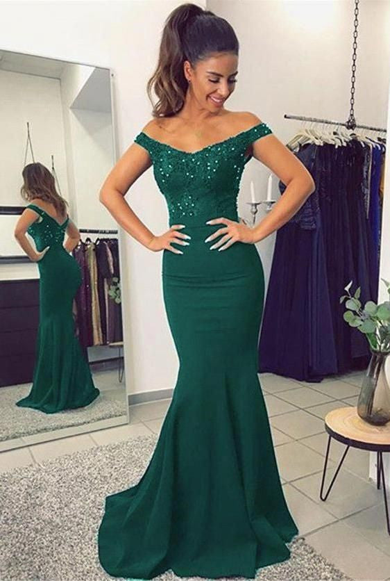 SSR0214,Green mermaid long prom dress off the shoulder beaded evening dresses satin prom dresses formal gown