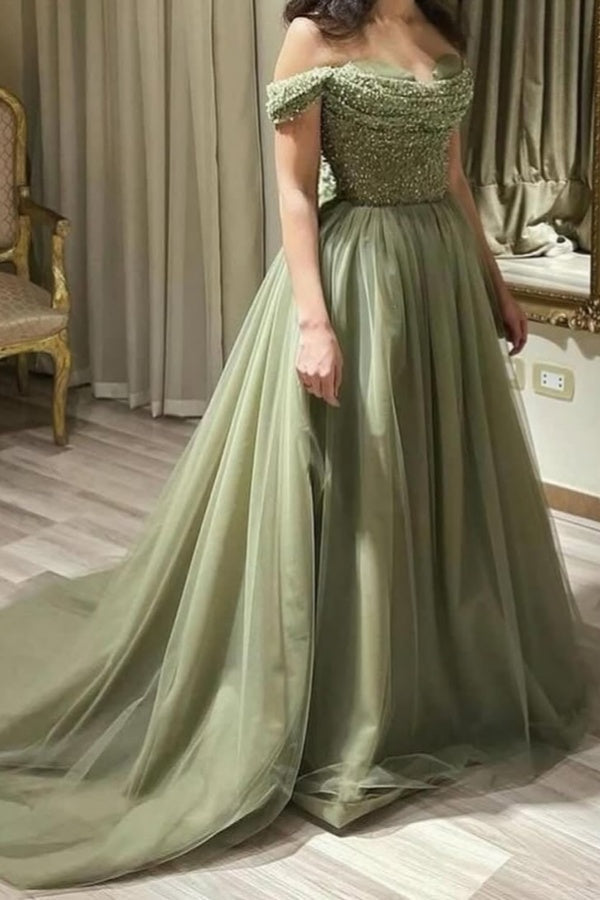 Sequins Green Off-The-Shoulder Tulle Long Prom Dress ssr0497