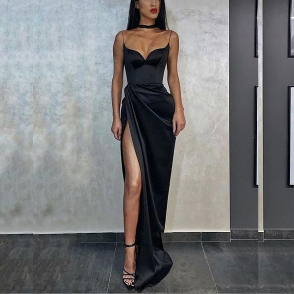 SSR0136,Discount Sexy Sheath Sweetheart Black Silk Satin Long Prom Dresses with Slit