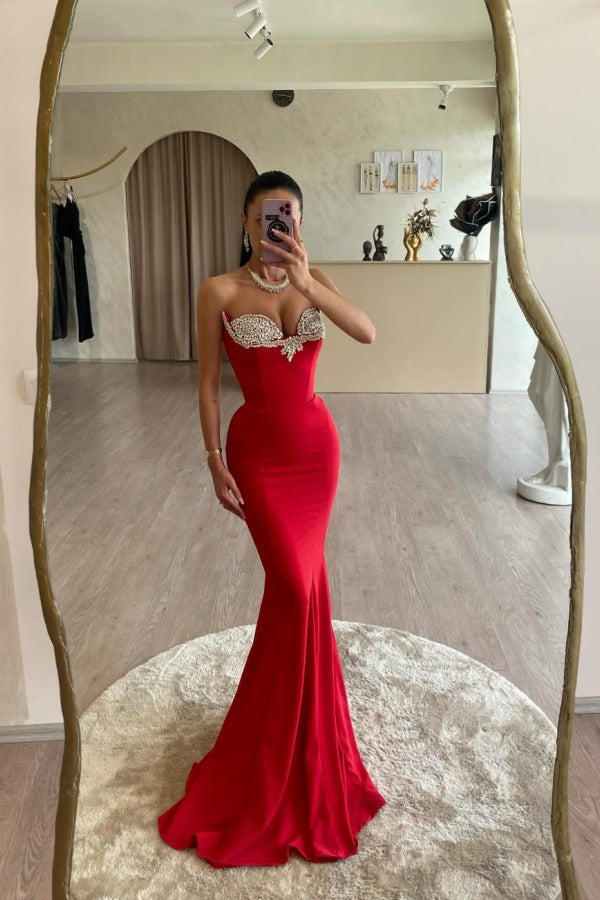 Red Strapless Mermaid Slim Fit Beaded Formal Prom Dress ssr0533