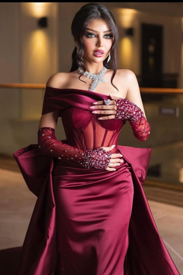 Cabemet Color Off-The-Shoulder Long Bow Train Prom Dress With Rhinestones Sleeves ssr0475