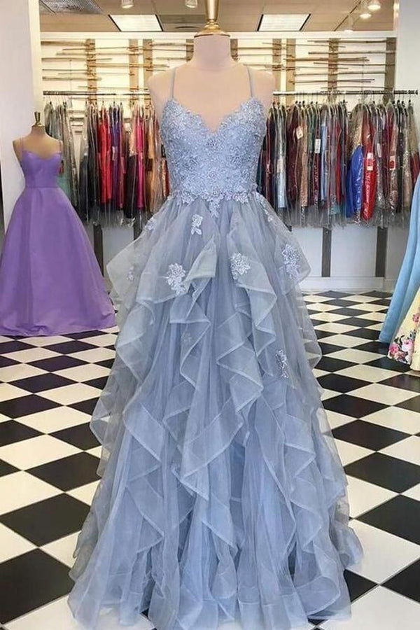 SSR1032,Charming spaghetti straps applique ruffles tulle prom dresses