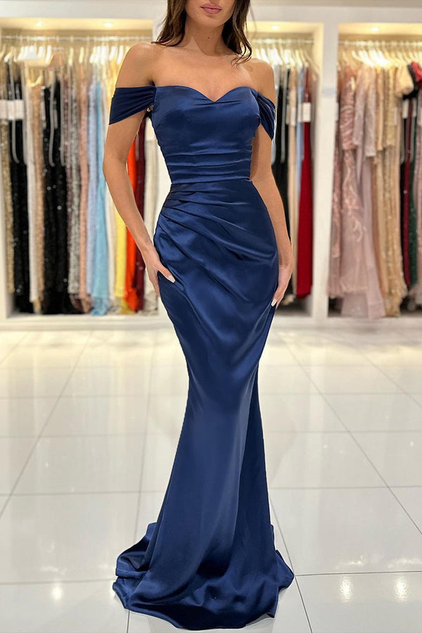 Royal Blue Sweetheart Off-The-Shoulder Pleats Long Prom Formal Dress YL0032