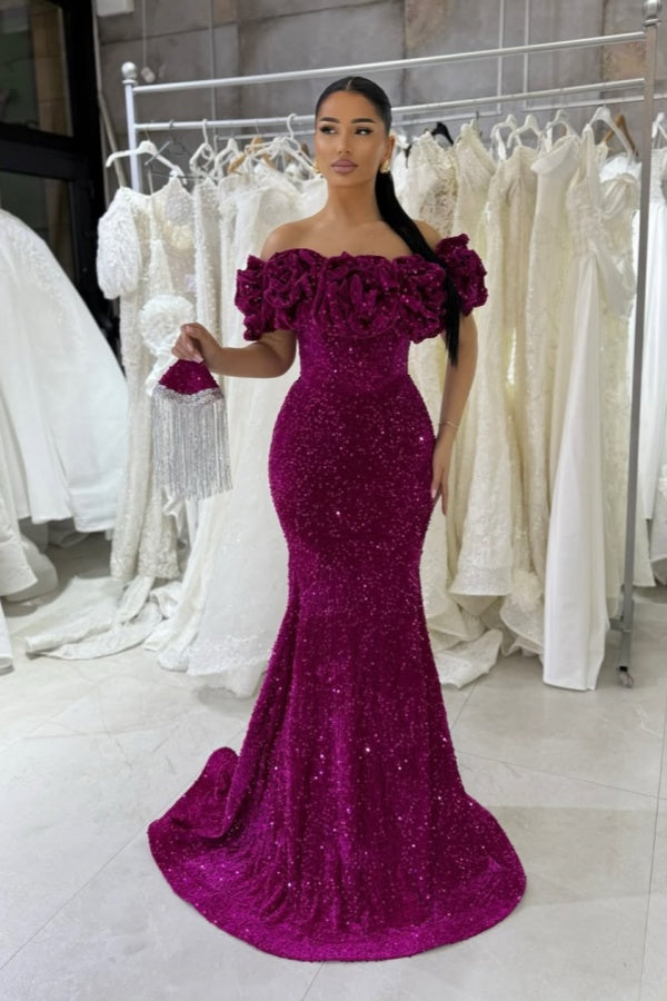 Orchid Off-The-Shoulder Velvet Sequins Mermaid Prom Dress ssr0544