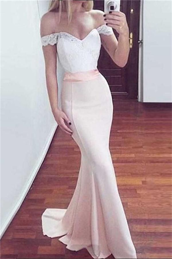 SSR0366,Light pink white mermaid long prom dresses lace off the shoulder prom dress