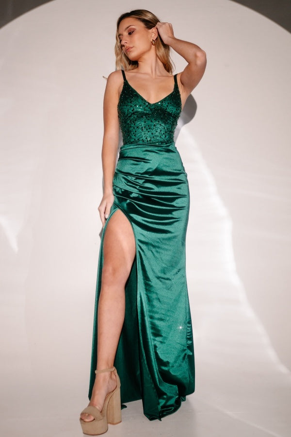 Ink Green Sequins Split Lace-up Prom Dress ssr0297