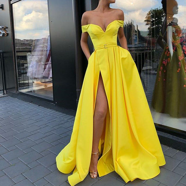 SSR0399,Yellow off the shoulder a line satin prom dress long prom evening gowns discount dresses