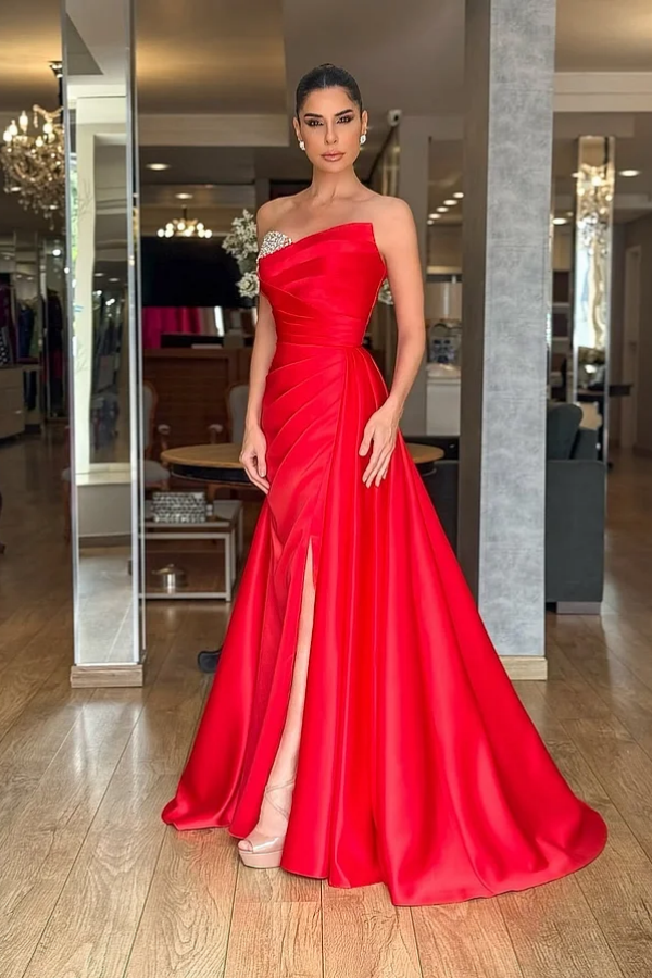 Red Strapless Beaded Pleated Long Prom Dress ssr0527