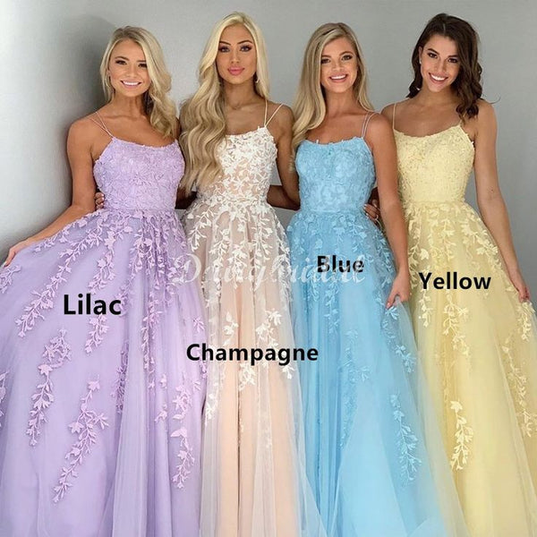 SSR0699,Spaghetti straps tulle prom dresses applique evening gown long party dress