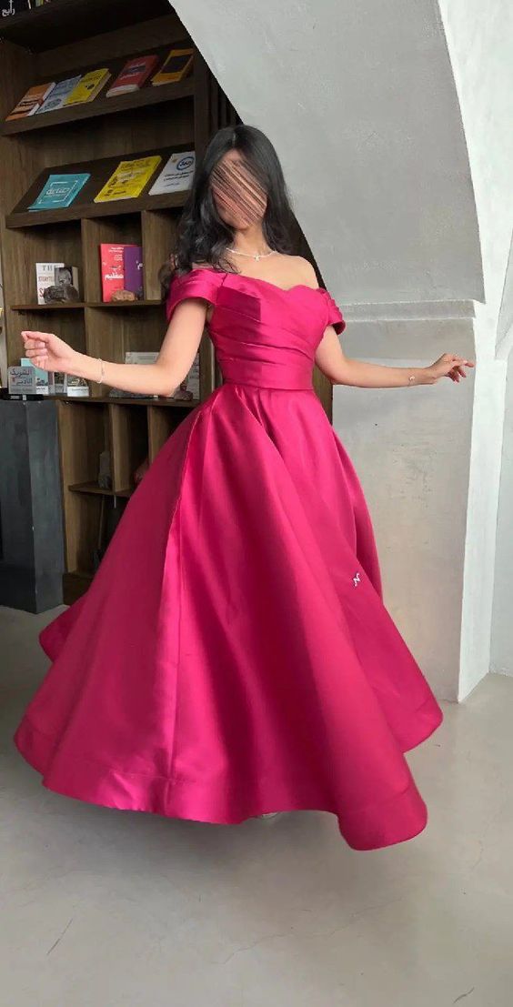 Fuchsia Off The Shoulder A-Line Party Dress, Satin Prom Dress 2025 Preppy Prom Dress, Discount 80% OFF