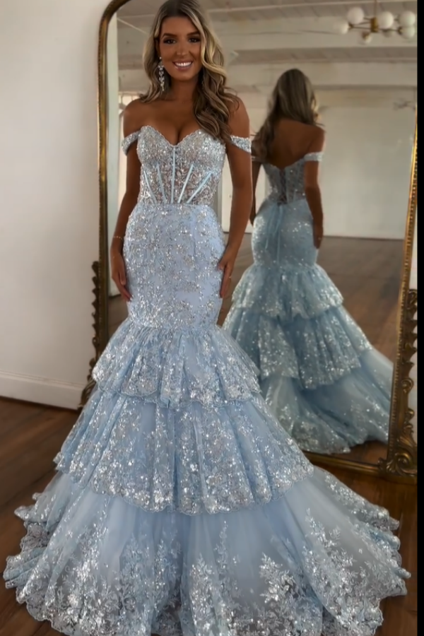Lovely Light Blue Off-The-Shoulder Appliques Mermaid Prom Dress ssr0566