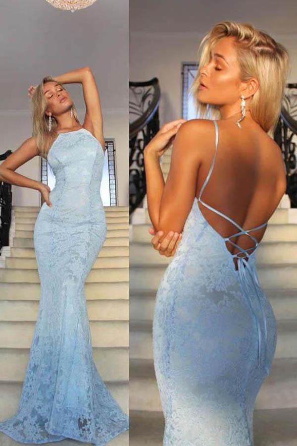 SSR0359,Light blue prom dresses lace mermaid open back long evening dress