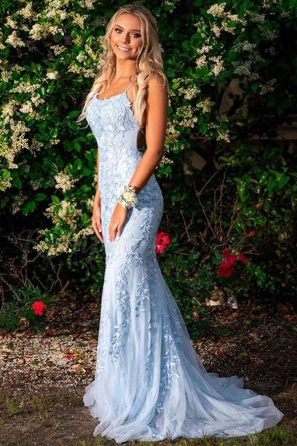 SSR0156,Elegant light blue lace mermaid prom dress cross back evening dresses backless party dress with sweep train