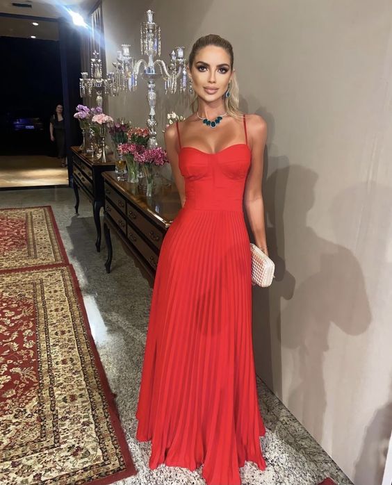 SSR1246,Red Pleated Long Prom Evening Dresses,Red Spaghetti Straps Formal Gown