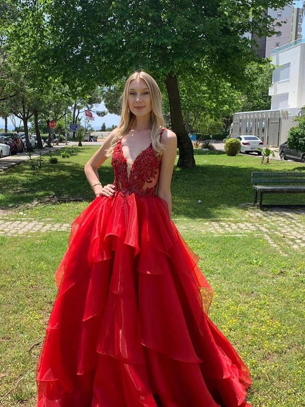 SSR0236,Red Prom Dresses Organza Formal Dress A-Line Evening Dress Red Dance Dresses School Party Gown