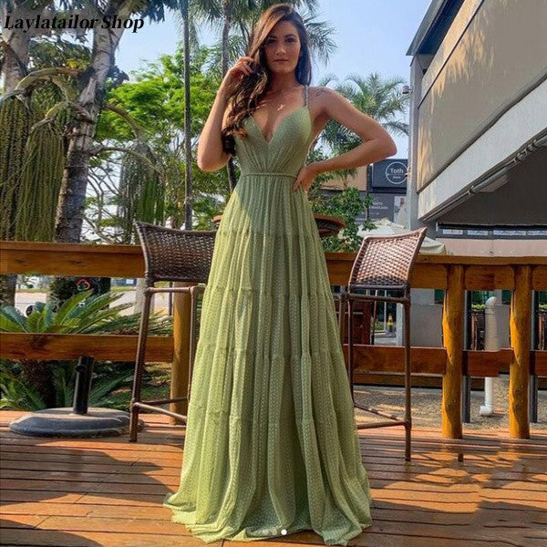 SSR1219,Green V-Neck Dubai Evening Dresses Soft Tulle Long Women Formal Prom Gowns