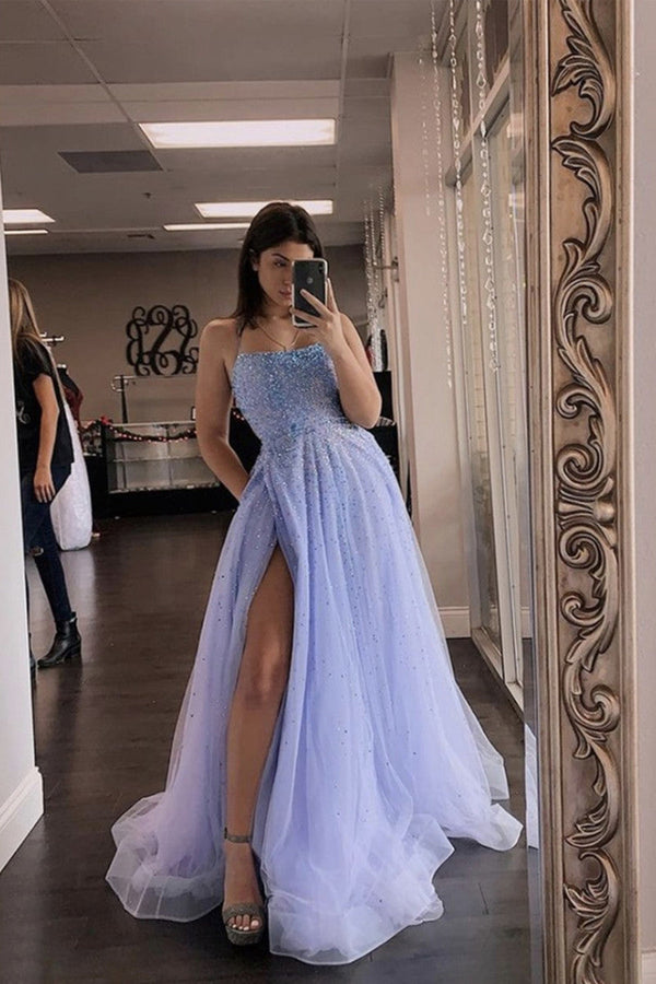 SSR0850,Lavender prom dresses beaded spaghetti straps long evening dress with side slit