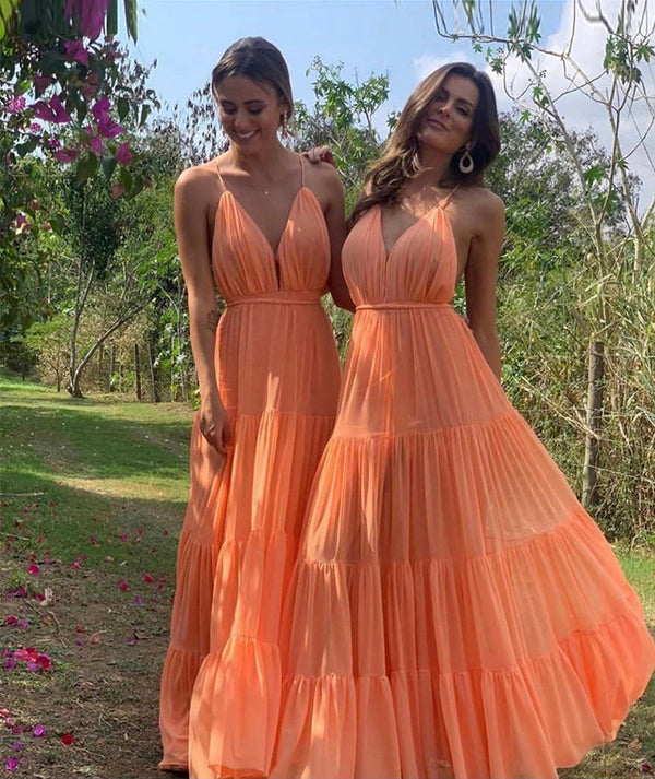 SSR0896,Orange v neck chiffon long prom dress simple evening dress