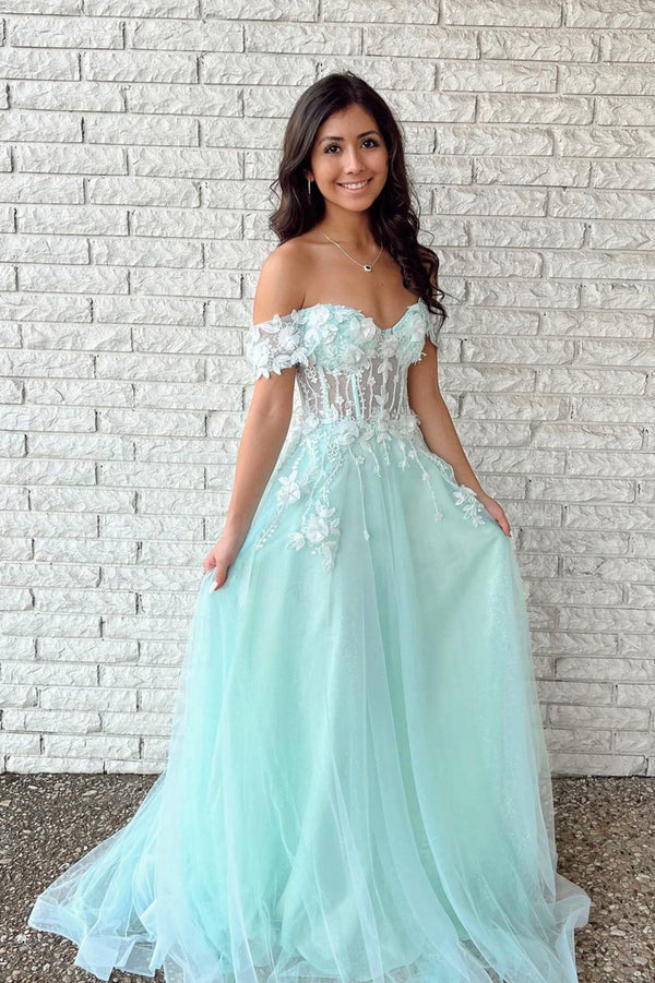 SSR0966,Adorable mint green a line prom dresses off the shoulder floral applique evening party gown