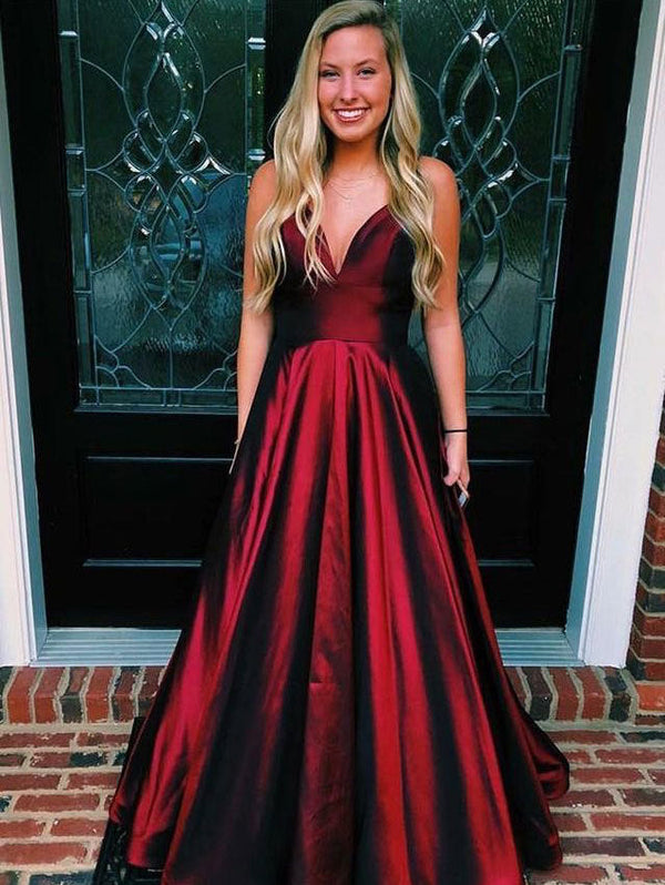 SSR0326,Burgundy Prom Dresses V Neck Long Prom Dress Long Evening Dresses A-Line Ball Gown