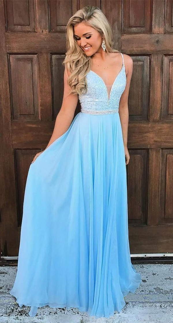 SSR0213,Light blue chiffon prom dresses spaghetti straps v neck long evening dresses