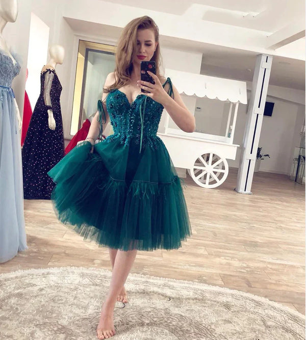 SSR1365,Cute green beaded tulle homecoming dresses ties straps mini prom evening dresses