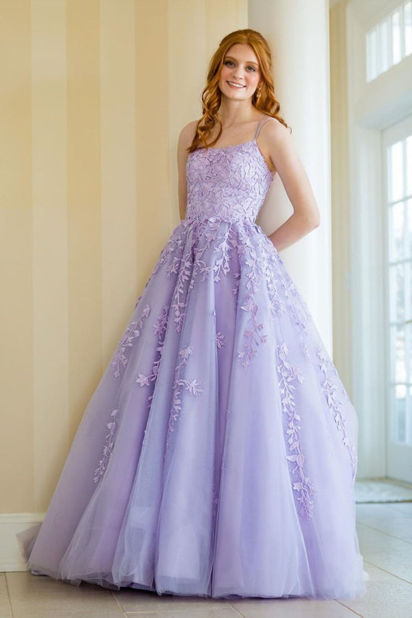 SSR0578,Lilac Prom Dresses Tulle Lace Prom Dress Cross Back Evening Dresses