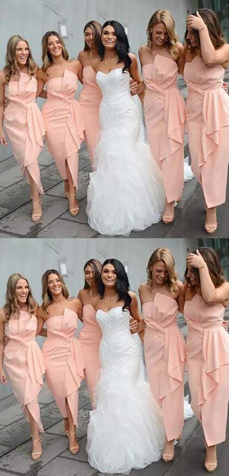 SSR1716, Blush Pink Satin Bridesmaid Dresses, Simple Tea Length Bridesmaid Dress
