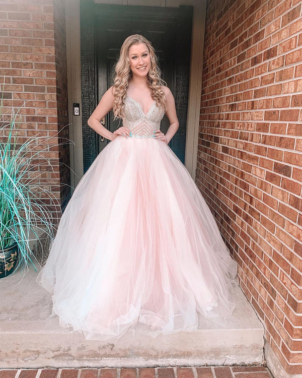 SSR1057,Light pink a-line prom dresses,tulle beaded long evening formal dress