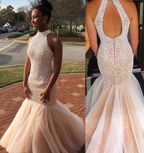 SSR1095,Elegant High Neck Mermaid Prom Dresses with Colorful Pearls