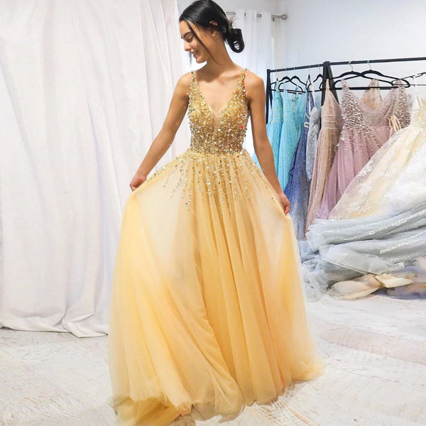 SSR0261,Luxury Beading V-neck Long Prom Dresses Yellow Chiffon Prom Dress Evening Dresses