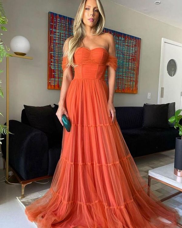 SSR1218,Elegant Off the Shoulder Orange Tulle Long Evening Dresses, Formal Dresses