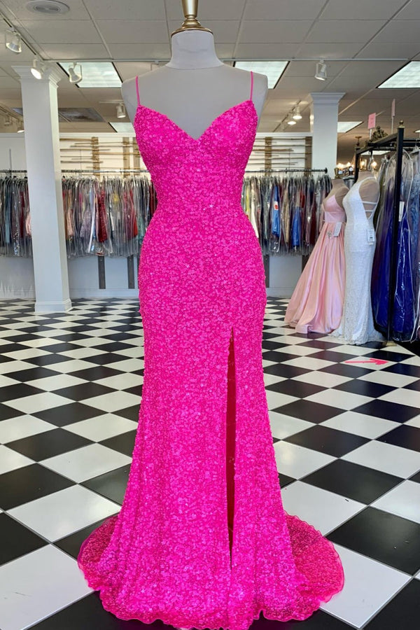 SSR0617,Pink Sequin Long Prom Dresses Spaghetti Straps Evening Party Gown