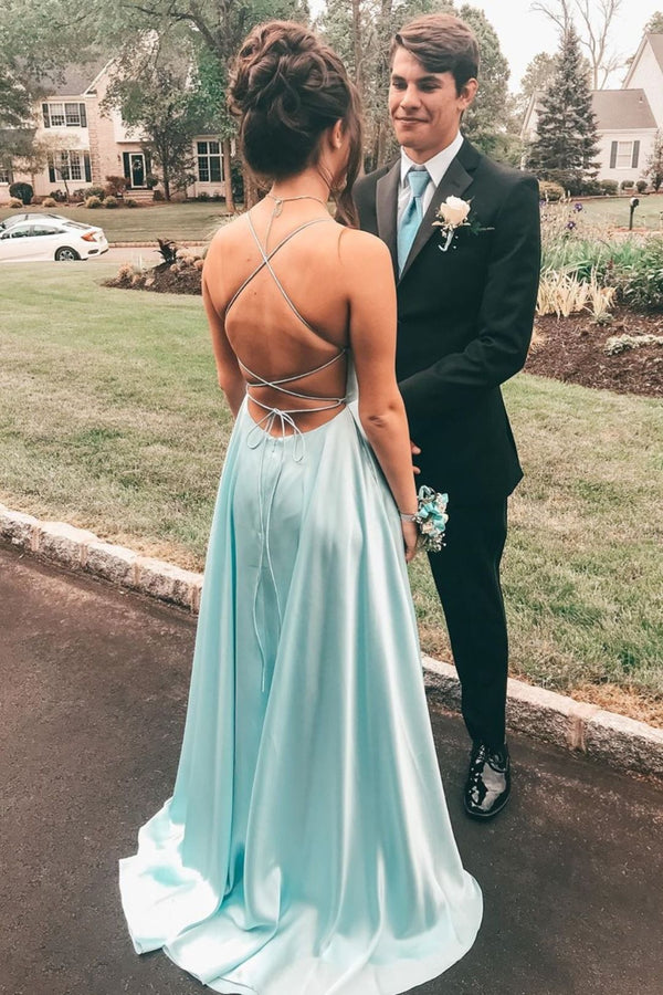 SSR0288,Mint Green Spaghetti Straps Senior Prom Dresses Cross Back Satin Long Evening Formal Gowns