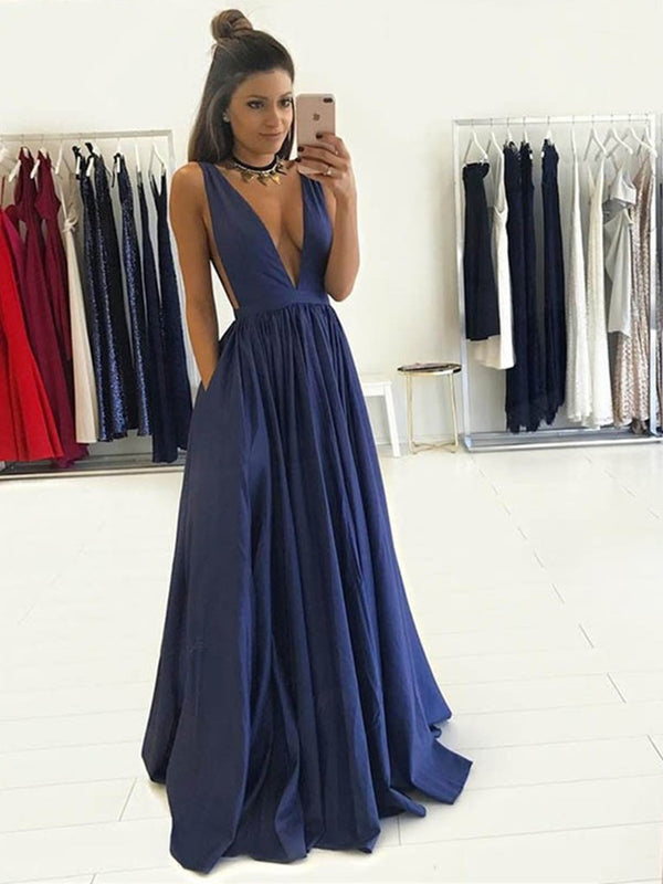 SSR0102,Sexy Navy Blue Deep V-Neck Long A-Line Prom Dress Graduation Party Dress
