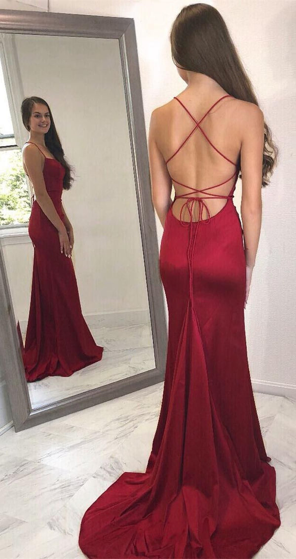 SSR0682,Red mermaid long prom dress cross back satin evening dresses