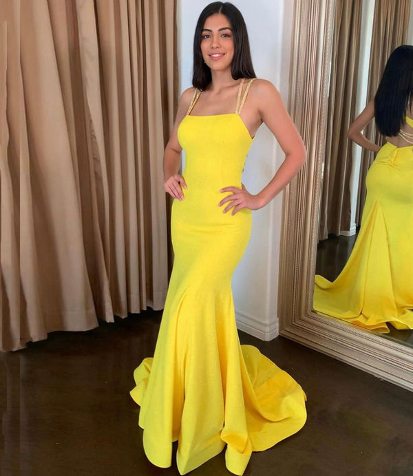 SSR0198,Yellow prom dress double straps mermaid long prom evening dresses
