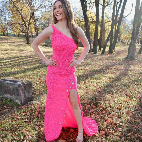 SSR0728,Glitter One Shoulder Hot Pink Prom Dress Sequin Evening Dresses Split Mermaid Prom Gown