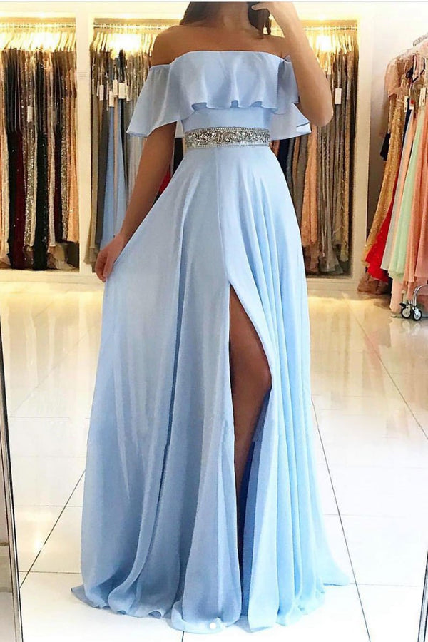 SSR0601,Blue off the shoulder chiffon beaded long prom dresses