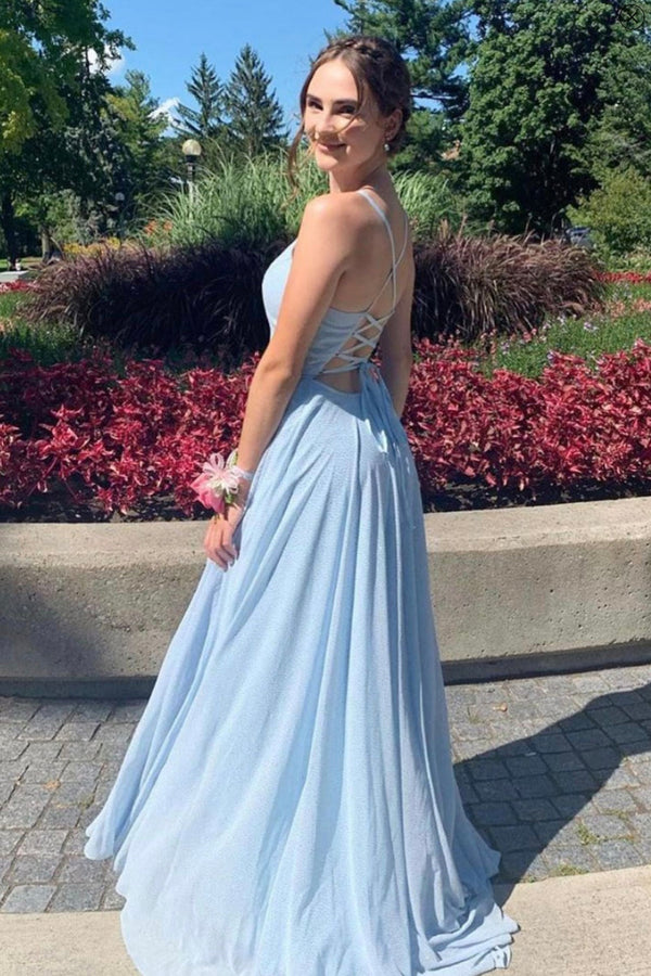 SSR1198,Baby Blue Chiffon A-Line Prom Dresses,Cross Back Floor Length Evening Dress
