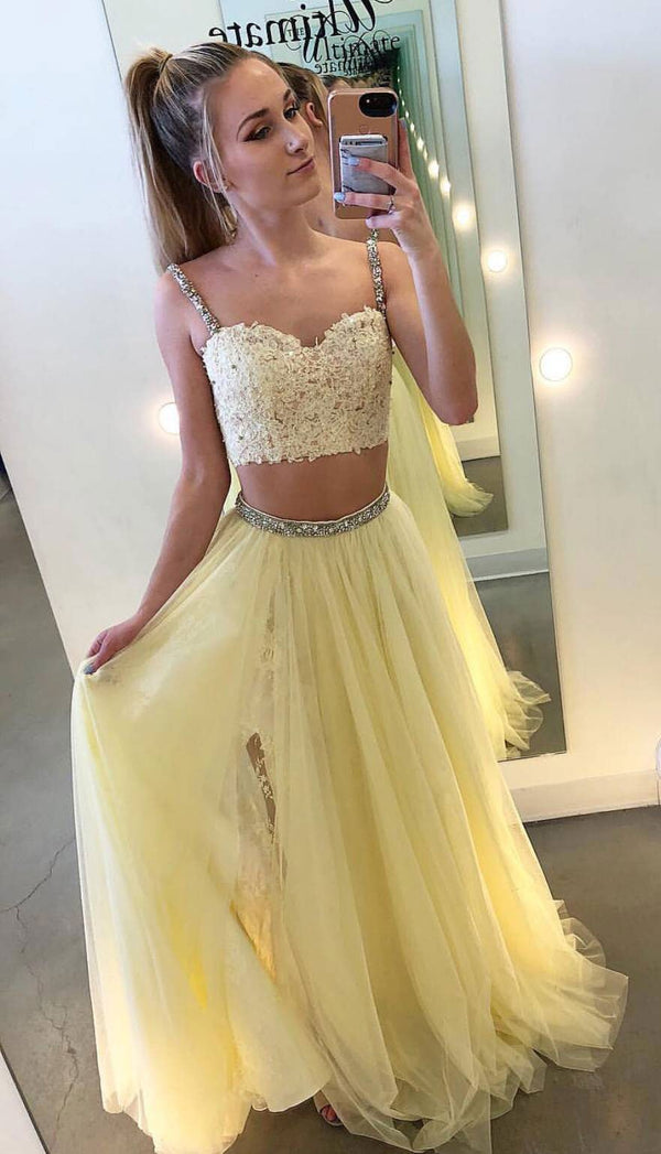 SSR0784,Light yellow two pieces lace prom dresses beaded side slit evening dress