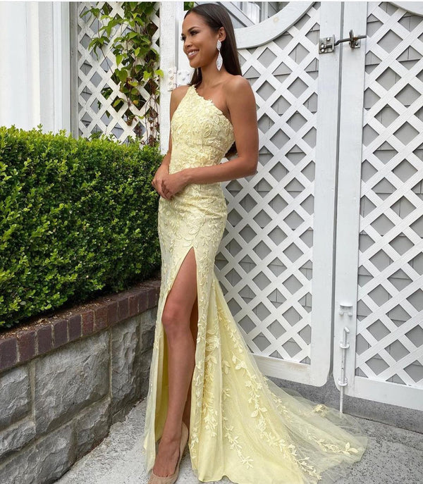 SSR1030,Pastel yellow one shoulder lace mermaid prom dresses with side slit