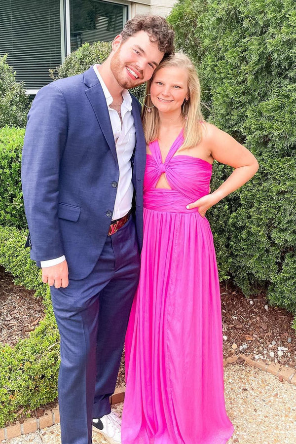 Knot Front Hot Pink Chiffon Halter Maxi Dress