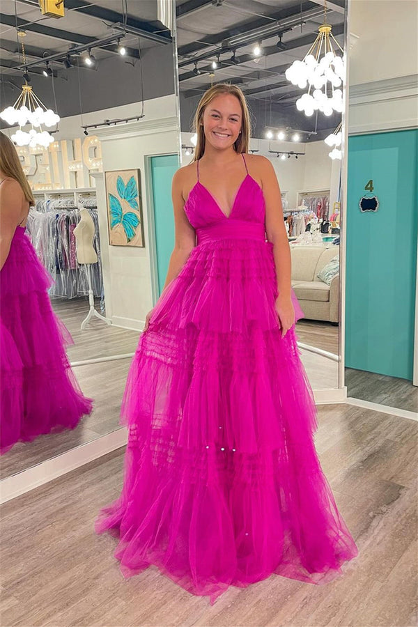 V Neck Fuchsia Tulle A-line Party Dress